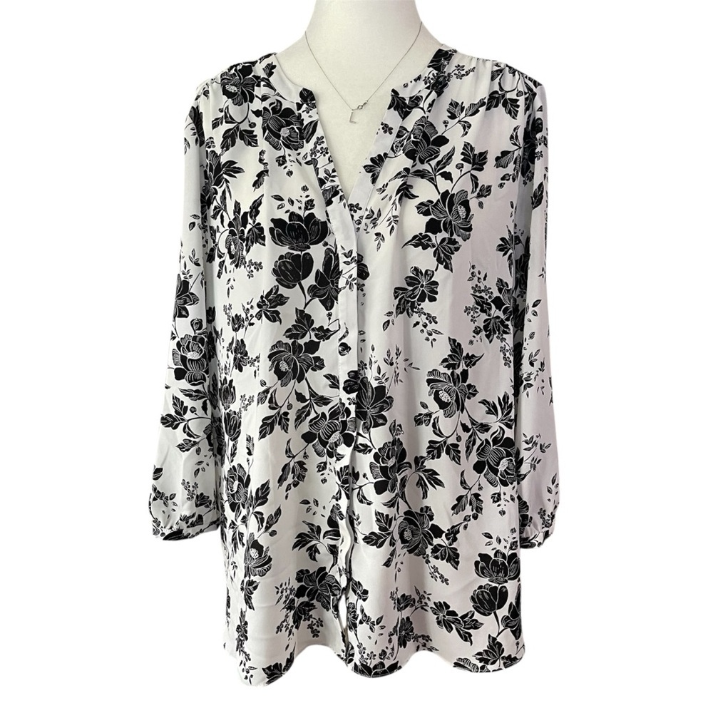 NYDJ Black Floral Pintuck  Blouse US L